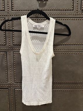 Zara Cream Open-Knit Scoop Neck Tank